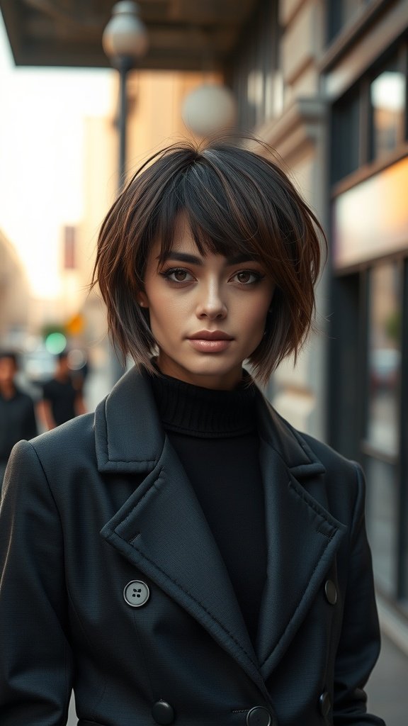 A woman with a voluminous choppy bob hairstyle, featuring razor-cut ends, standing outdoors.