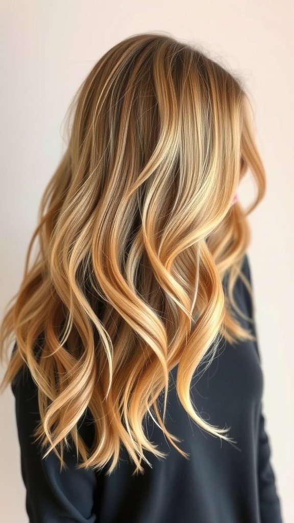 Wavy lob hairstyle with honey blonde highlights