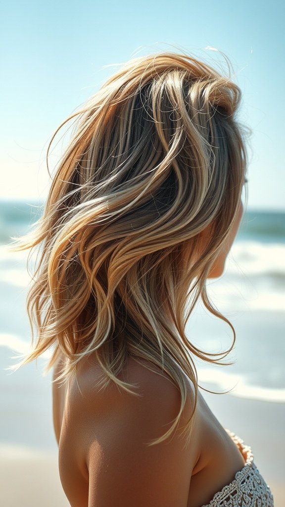 A woman with medium-length hair styled in beach waves, standing by the ocean.