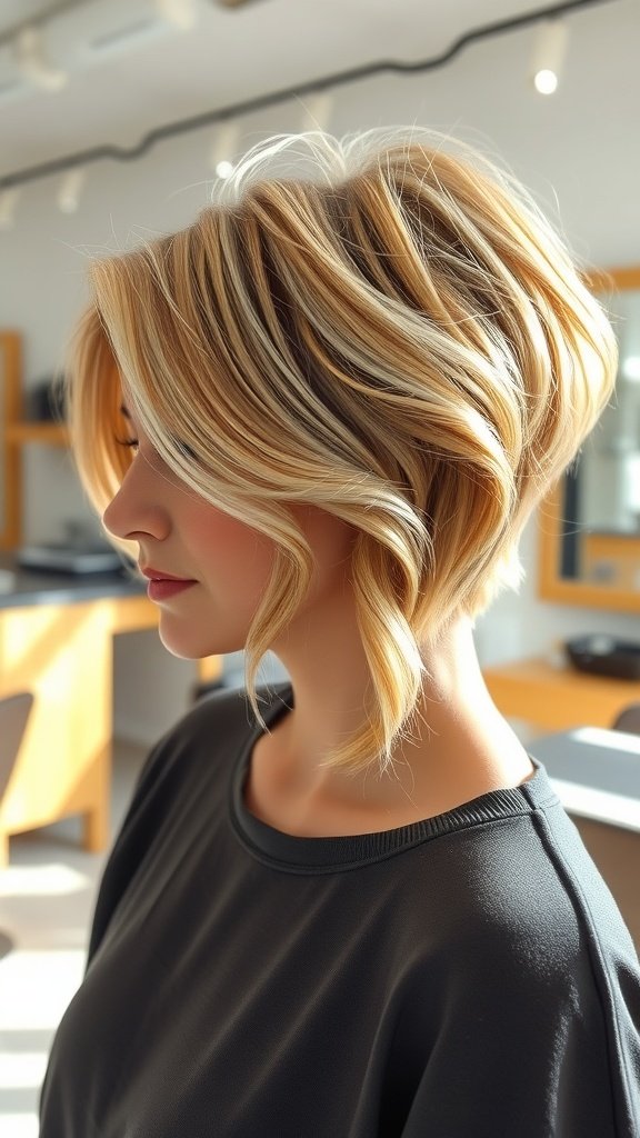 A woman with a bixie haircut featuring sun-kissed babylights, showcasing a stylish and modern look.