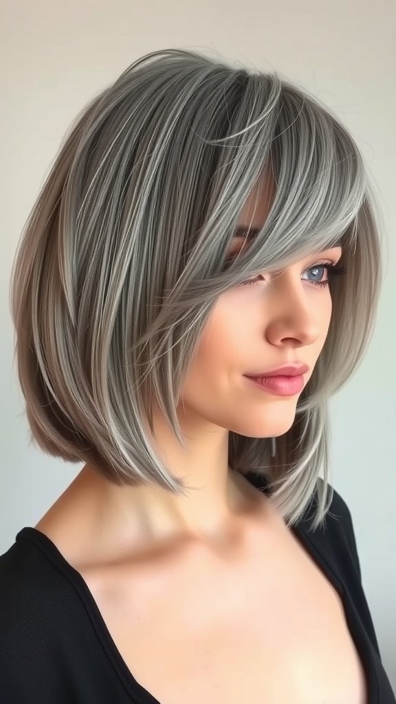 A woman with a gray blunt bob hairstyle featuring subtle layers and wispy bangs.