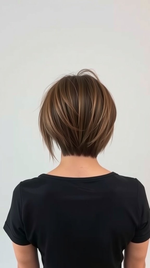 Back view of a woman with a bold shag haircut featuring intense layering.