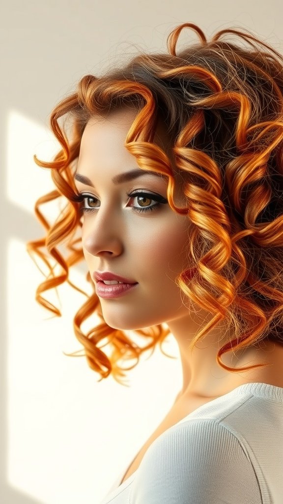 A woman with short curly hair featuring caramel highlights, showcasing a vibrant and lively hairstyle.
