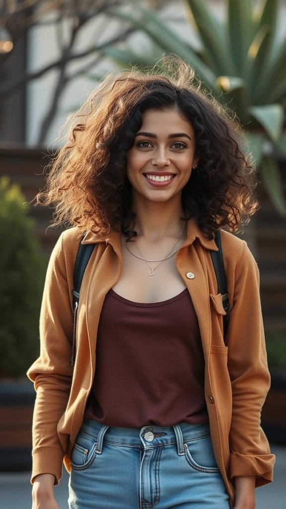 A woman with shoulder-length curly hair styled in casual flipped-out curls, smiling outdoors.