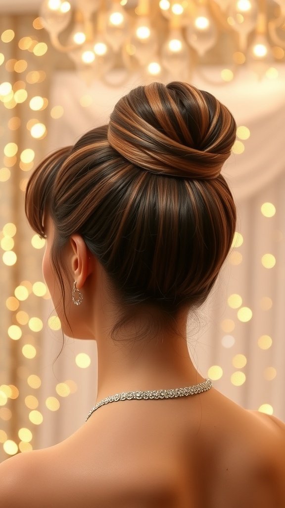 A woman with a chic high bun and blunt bangs, showcasing a stylish prom hairstyle.