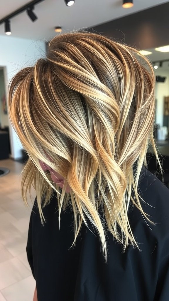 Choppy-layered blonde hair with dark roots, showcasing texture and movement.