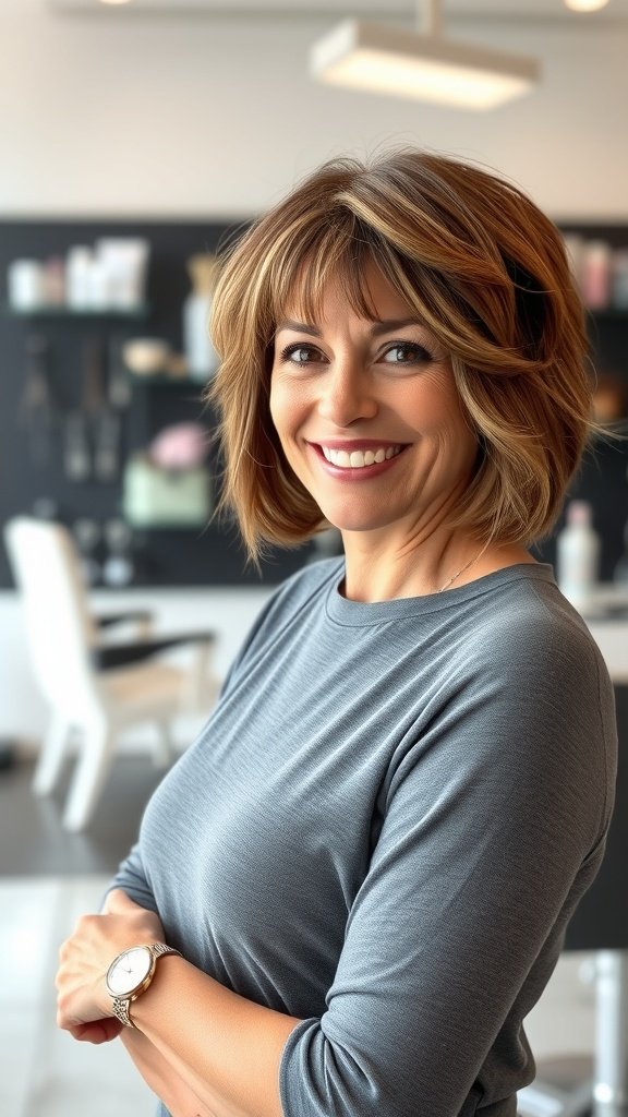 A woman with a choppy bob hairstyle and chunky highlights, smiling confidently.