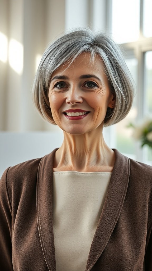 A woman with a classic pageboy haircut, smiling and wearing a brown blazer, showcasing her elegant style.