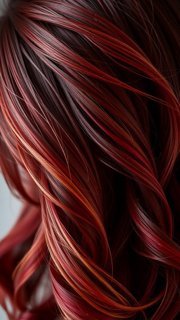 A close-up of dark red hair with cool-toned swirls, showcasing vibrant highlights and movement.