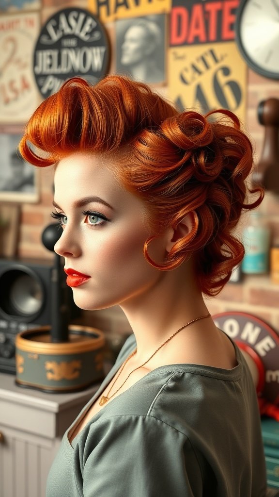 A woman with a copper rockabilly pompadour hairstyle, showcasing vintage curls and a stylish look.
