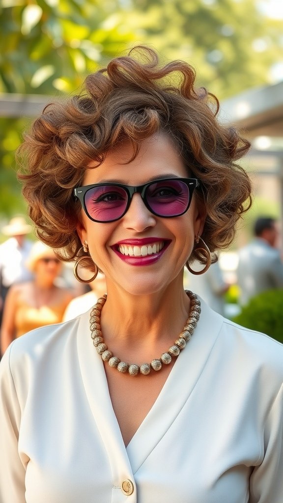 A woman with a curly voluminous crop hairstyle, wearing sunglasses and a statement necklace, smiling brightly.