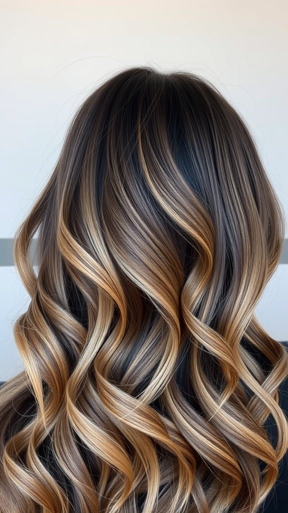 Dark ash blonde hair with mocha balayage styled in soft waves