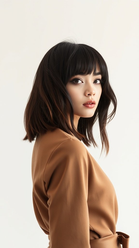A model showcasing a Dark Brown French Bob hairstyle with bangs, wearing a stylish outfit.