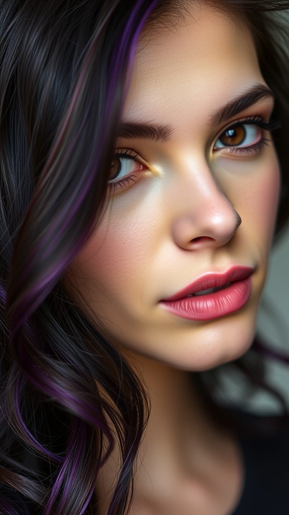 Close-up of a woman with dark brunette hair featuring vibrant violet highlights.