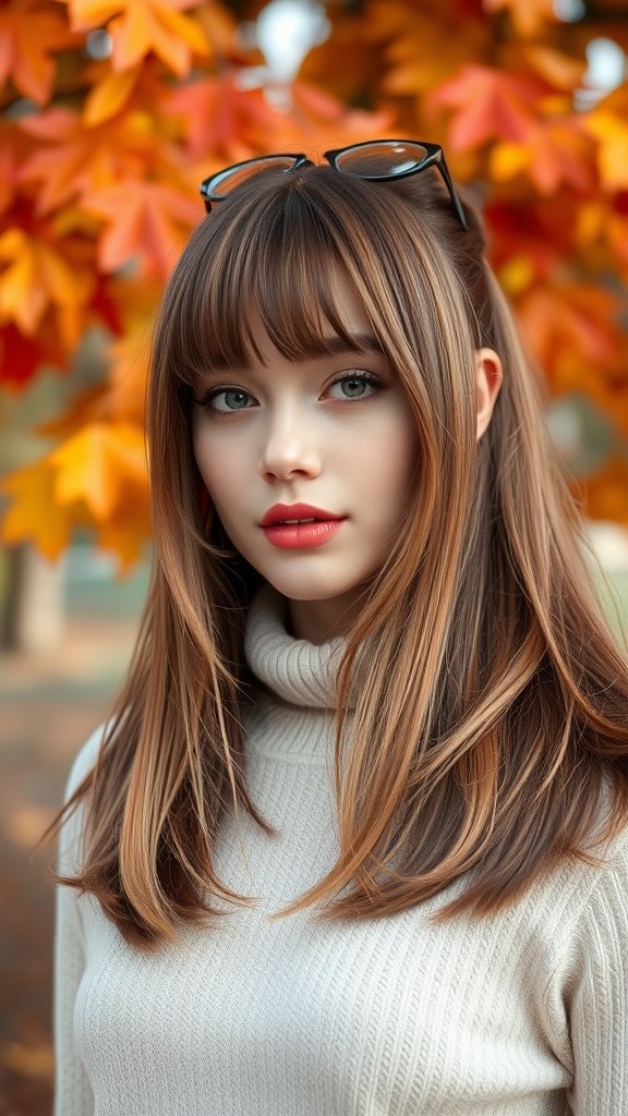 A woman with double-tiered curtain bangs, wearing a turtleneck, surrounded by autumn leaves.