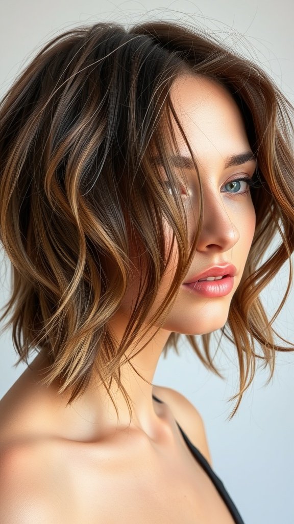 A woman with a shag haircut featuring earthy brown tones and natural texture.