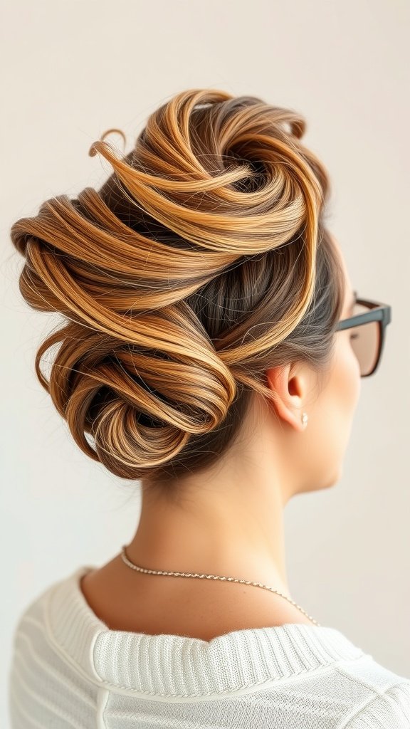 A woman with an elegant bun hairstyle featuring wispy side strands, wearing glasses.