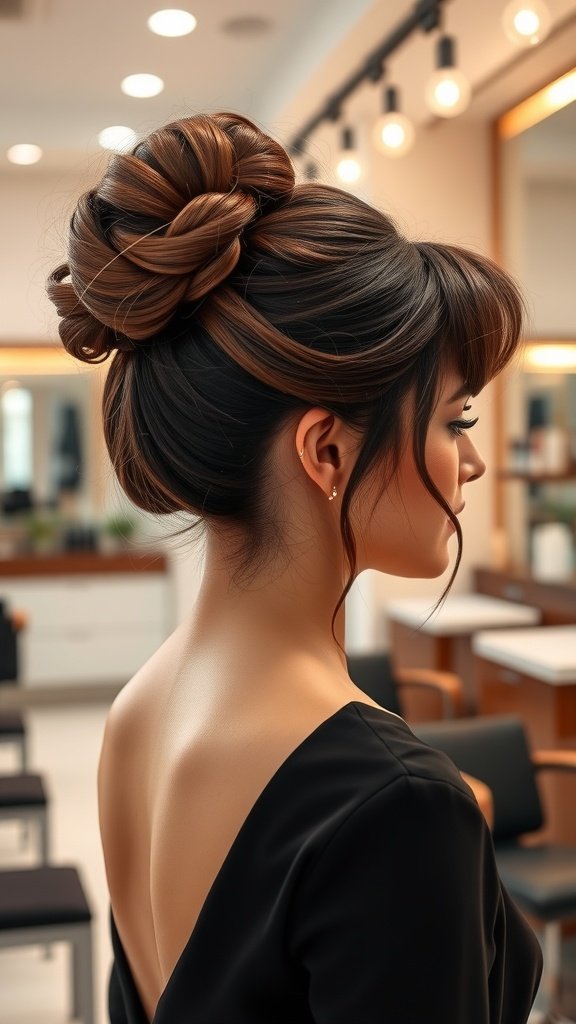 A woman with a stylish chignon hairstyle and wispy bangs, showcasing elegance and sophistication.