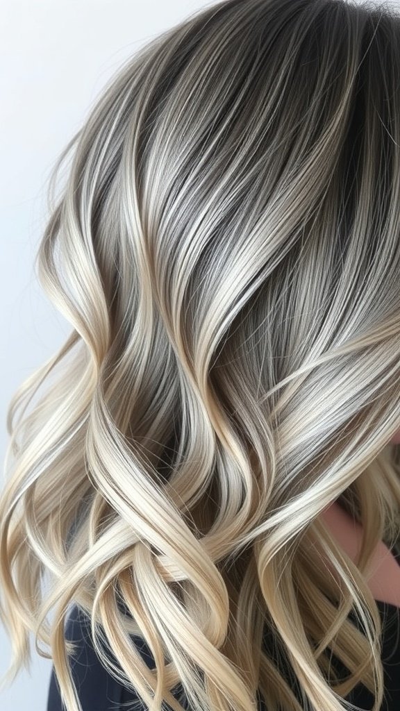 Hair styled in silver gray with subtle charcoal highlights, featuring soft waves.