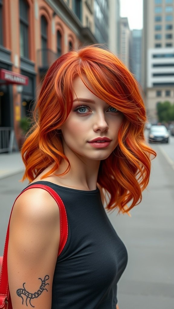 A woman with fiery red wavy mid-length hair, wearing a black top and red bag, standing on a city street.
