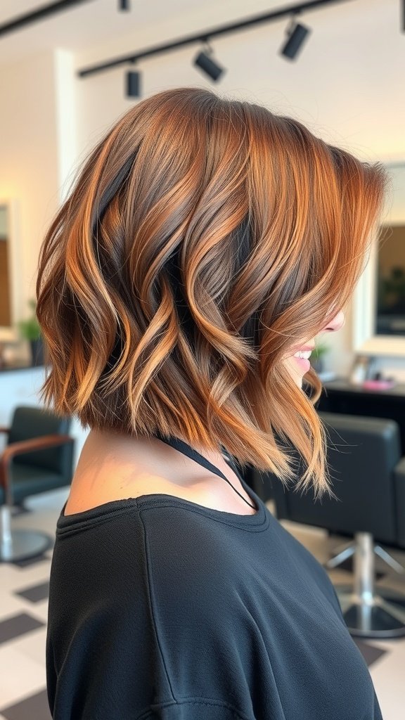 A woman with a layered bob haircut featuring flirty ends, styled with soft waves and warm tones.
