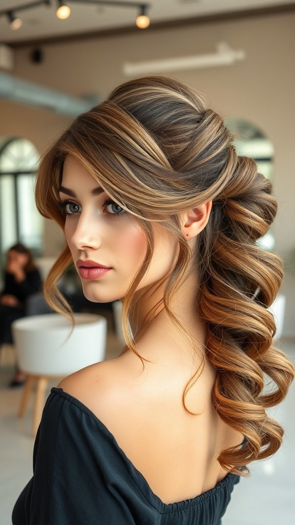A woman with a French twist hairstyle featuring loose curls, showcasing a blend of elegance and playfulness.