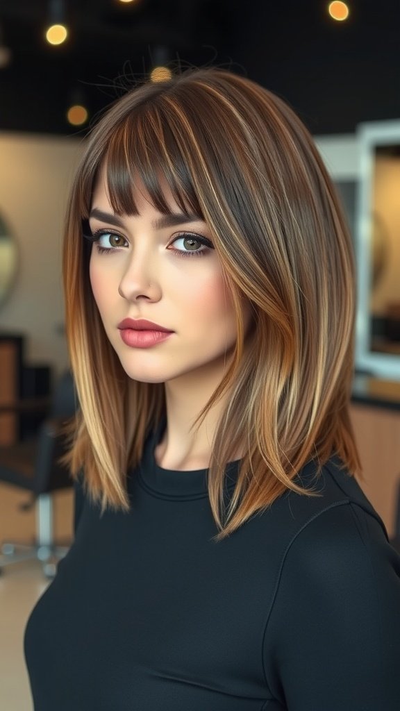 A woman with an inverted long bob haircut featuring highlights, looking stylish and confident.