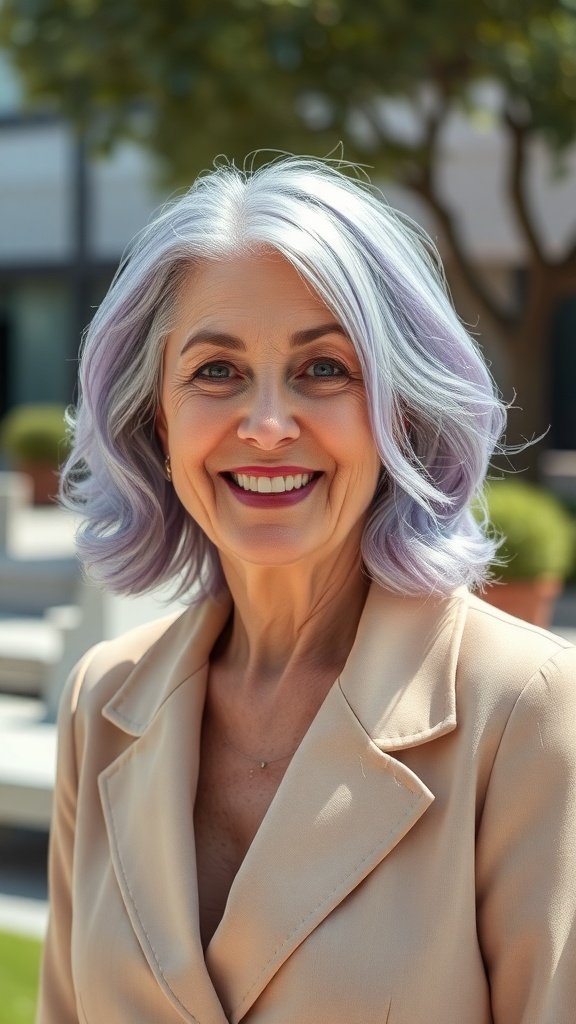 A woman with lavender tinted gray hair styled in flowy waves, smiling in a light-colored blazer.