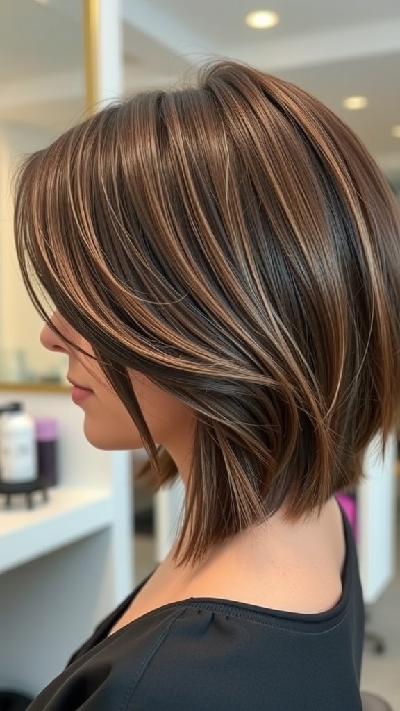A layered bob haircut with side parting, showcasing movement and highlights.