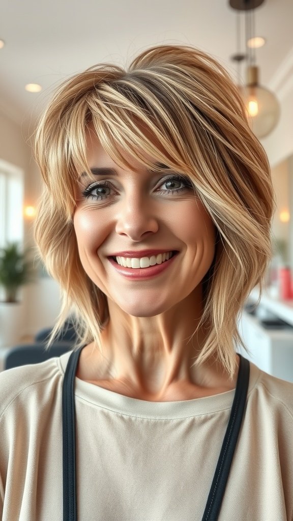 A woman with a layered haircut and long, wispy bangs, smiling in a bright salon.