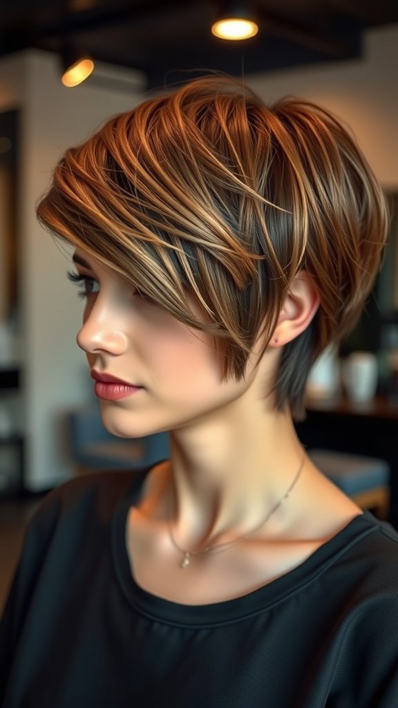 A woman with a layered pixie haircut featuring long side bangs, showcasing a stylish and modern look.