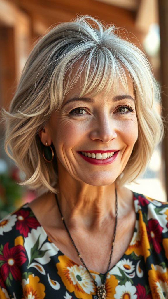 A smiling woman with a lob hairstyle featuring choppy layers, wearing a colorful floral top.