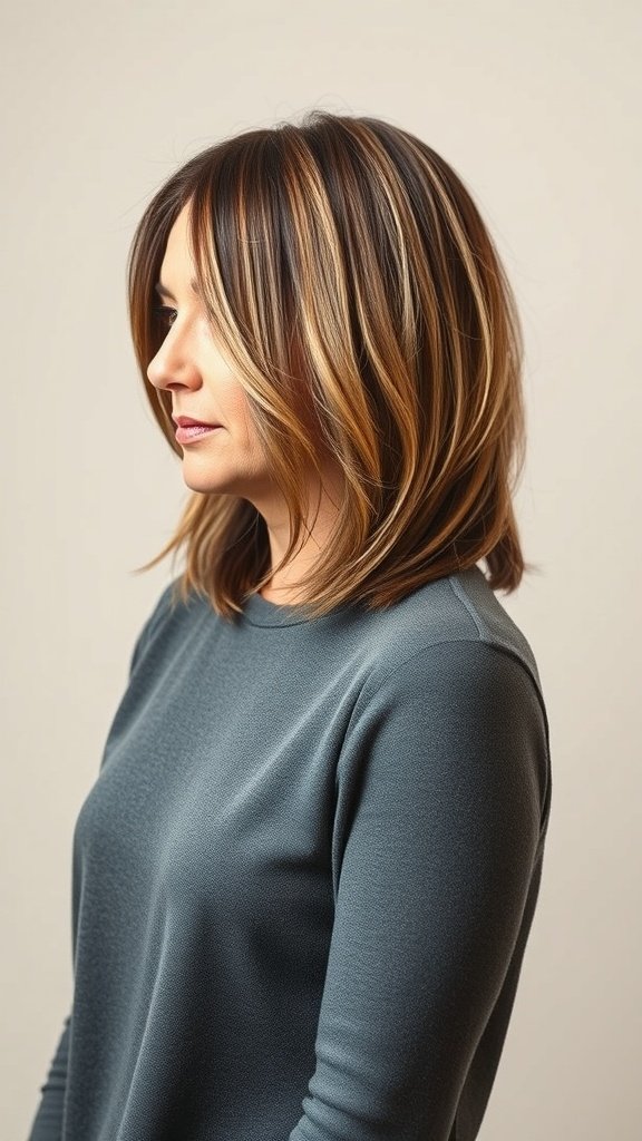 A woman with a long bob hairstyle featuring tapered ends and subtle highlights.