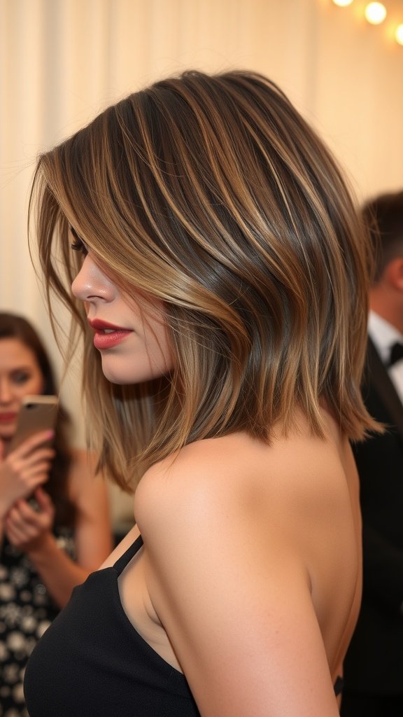 A woman with a long choppy bob hairstyle featuring layered ends and side-swept bangs.