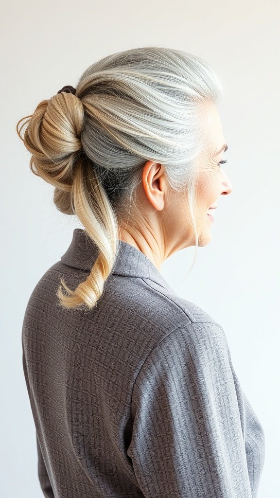 A woman with long gray hair styled in a half-updo, showcasing elegance and sophistication.