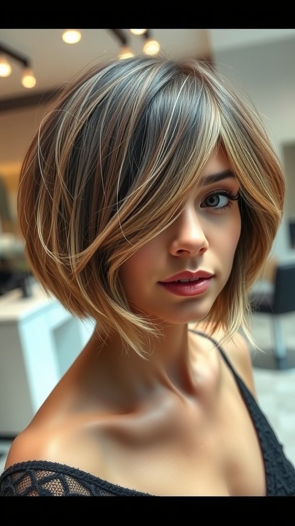 A woman with a loose-curled bob hairstyle featuring subtle highlights.