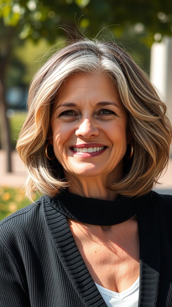 A woman with medium layered bob hairstyle, smiling outdoors.
