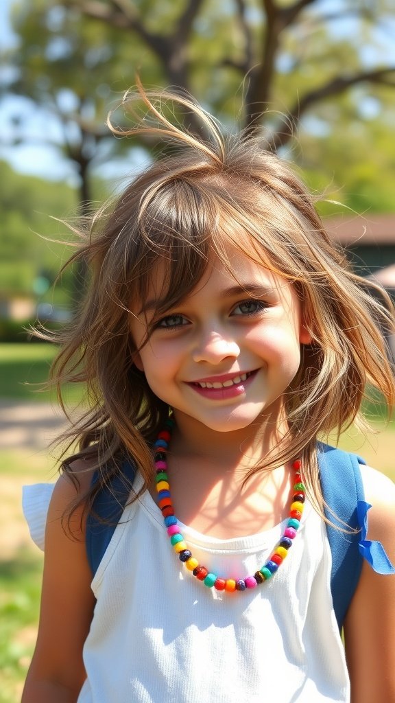 A young girl with messy layered hair and colorful beaded necklace, smiling outdoors.
