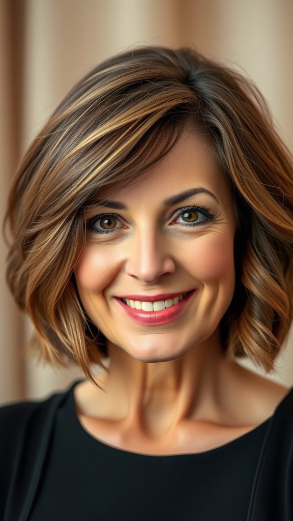 A woman with a mid-length bob hairstyle featuring defined waves, smiling confidently.