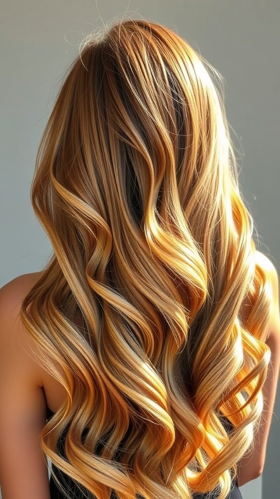 A woman with long, wavy hair showcasing a nutmeg to honey blonde ombre hairstyle.