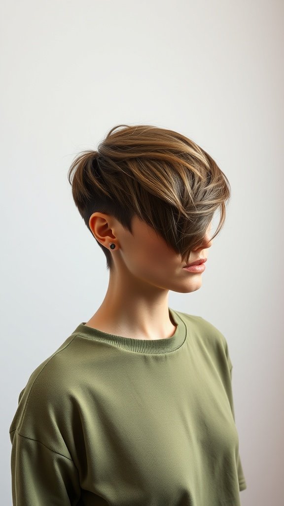 A person with an olive green classic pixie haircut, featuring soft layers and a modern twist.