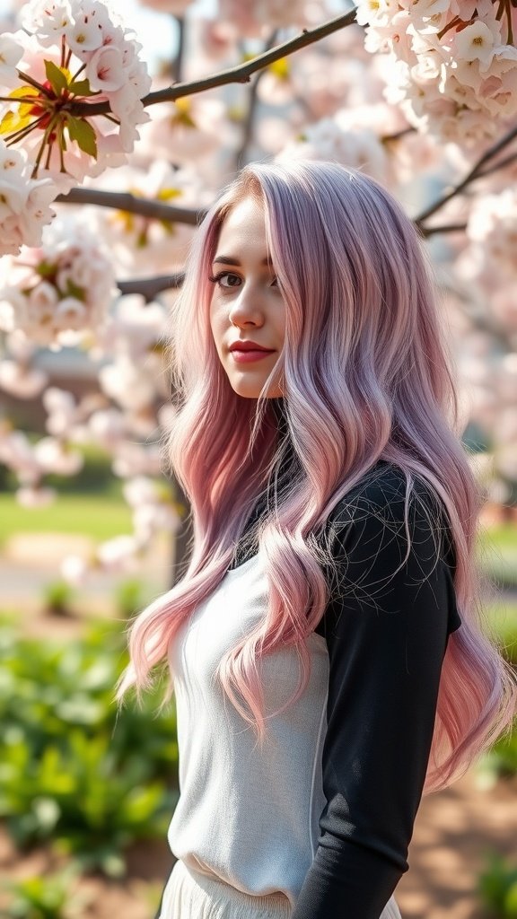 A model with pastel cherry blossom hair color standing near cherry blossom flowers.