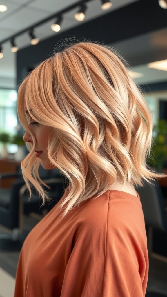 A woman with a peachy keen wavy bob haircut featuring feathered layers, showcasing a stylish and modern look.