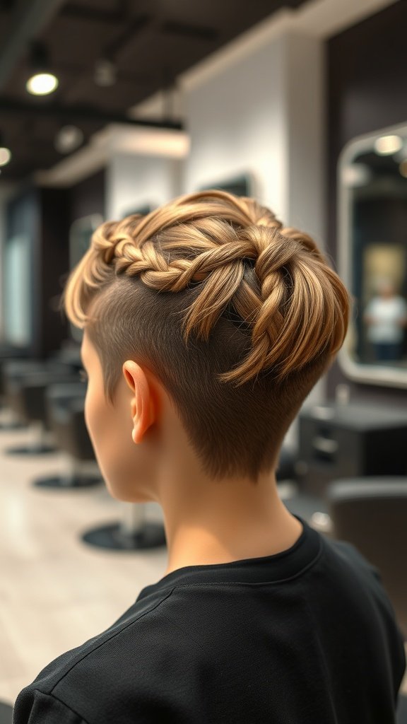 A stylish pixie haircut featuring a braided top and an undercut, showcasing texture and shape.