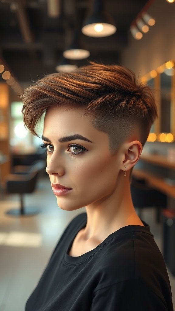A woman with a pixie haircut featuring jagged ends and a side part, showcasing a stylish and modern look.
