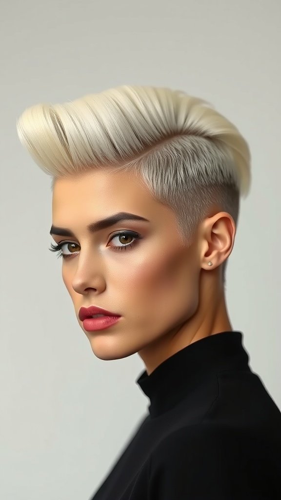A stylish platinum pompadour hairstyle with slicked back volume and shorter sides.