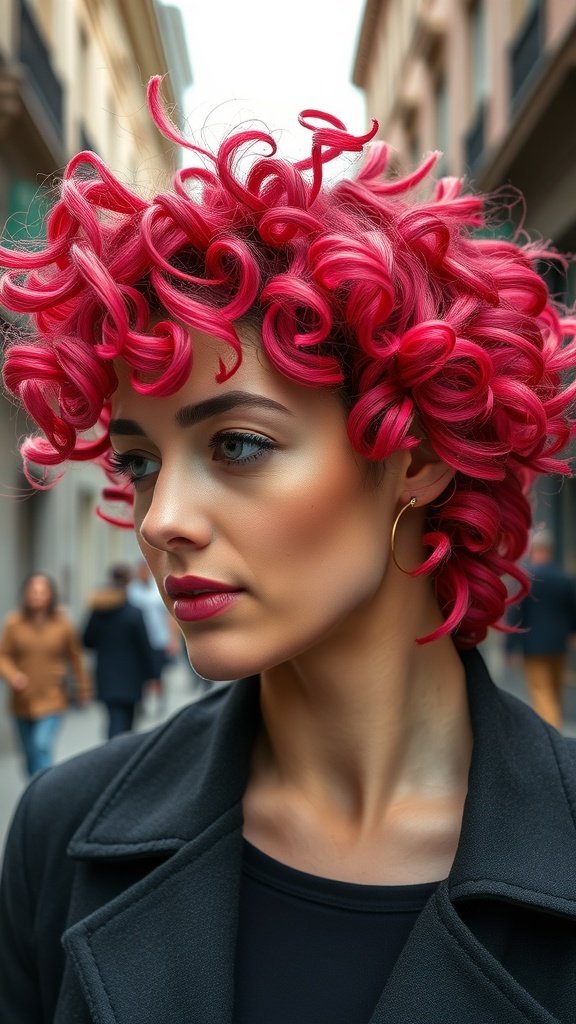 A woman with vibrant pink razor-cut spiral curls, showcasing a bold and edgy hairstyle.