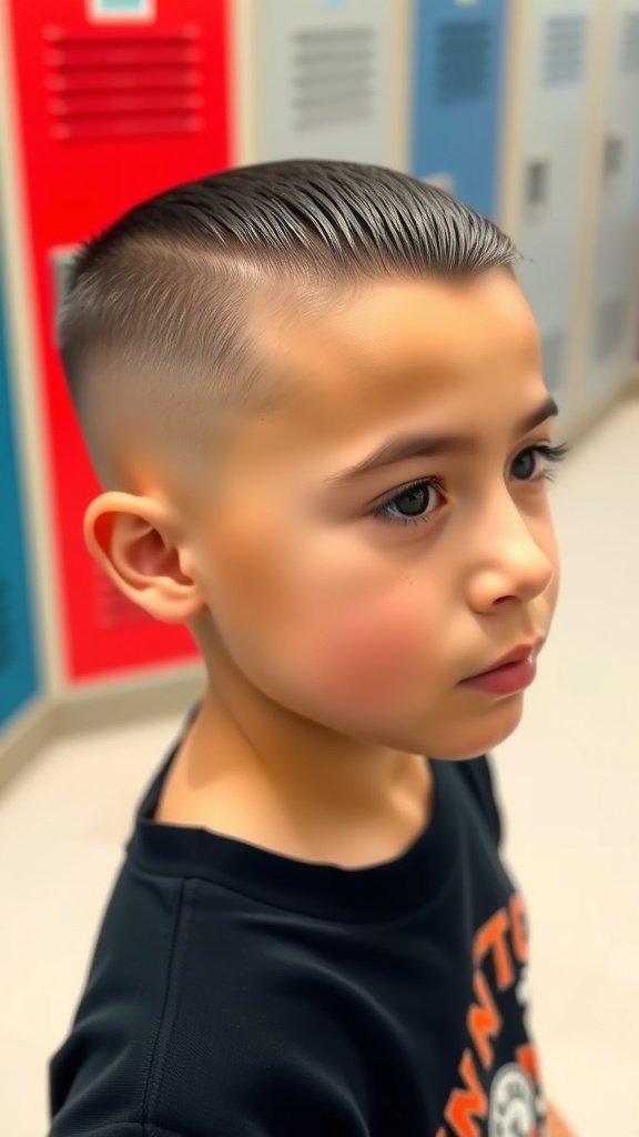 A boy with a Razor Fade haircut featuring a hard part, standing in a school hallway.