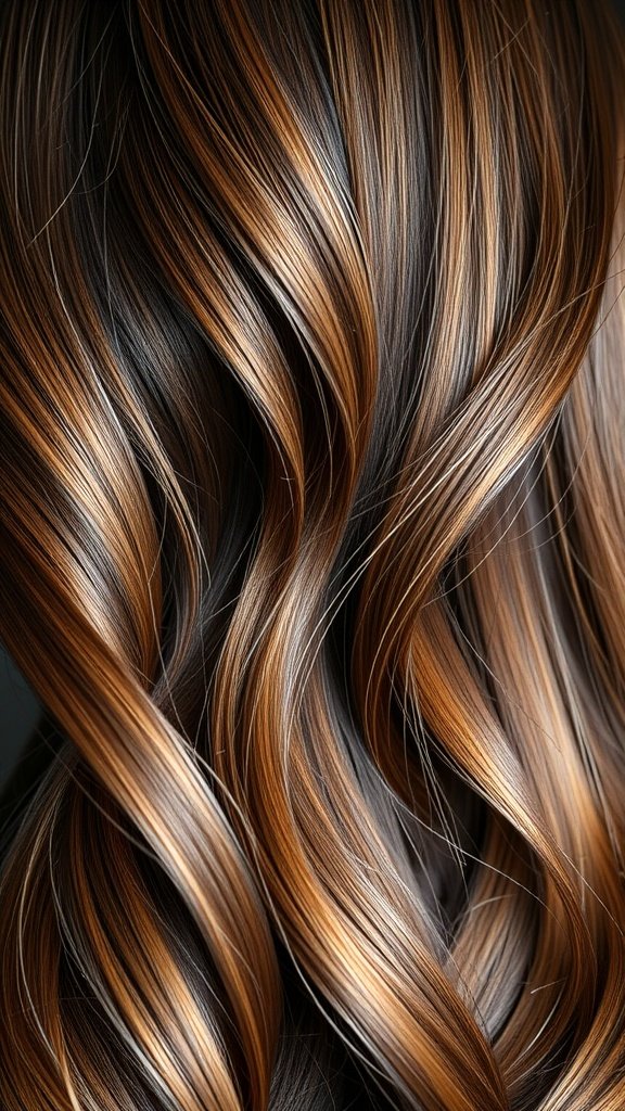 Medium brown hair with rich coffee highlights, showcasing waves and depth.