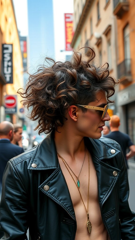 A stylish person with defined curls in a shag haircut, wearing a leather jacket, standing on a city street.